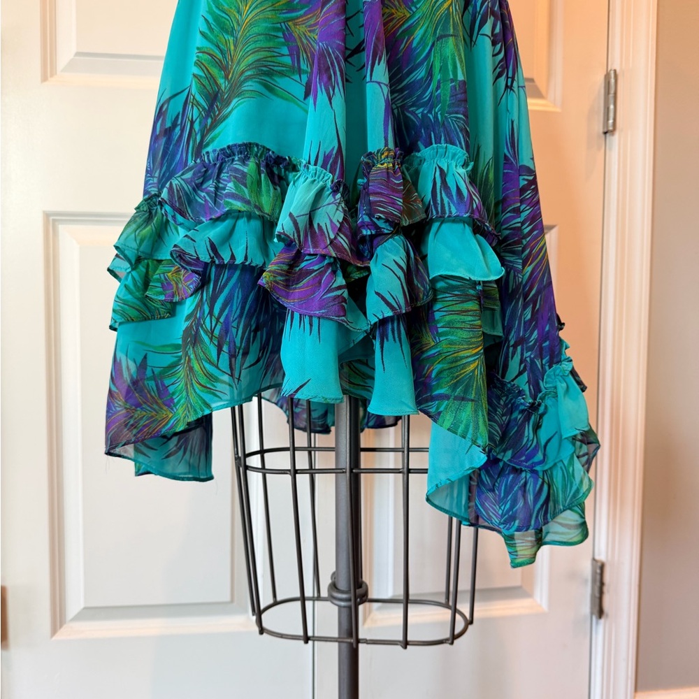Y2K Tropical Palm Print Mini Dress Teal Chain Back Ruffle Hem Arden B XS - Picture 4 of 10